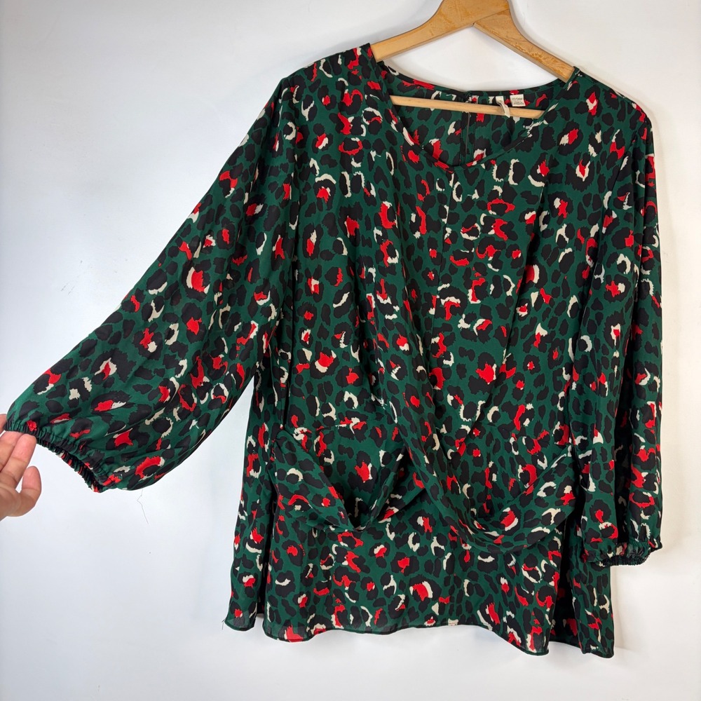 Cato EST. 1946 Blouse Womens 22/24W Green Leopard Print Draped Front Top